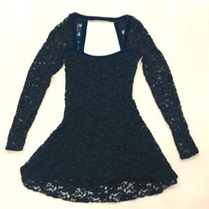 Free People S/P Blue Dress Lace Velvet Trim Long Sleeve Cut out Back Stretchy